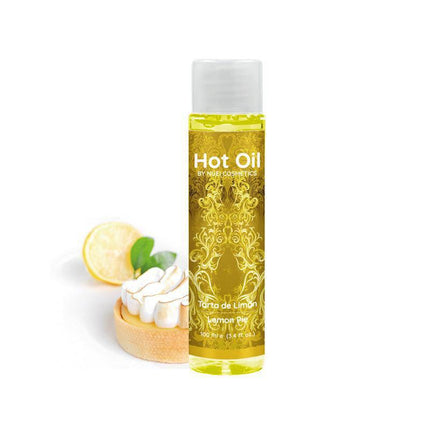 Hot Oil Warming Massage Oil Lemon Pie 100 ml bottle with lemon pie backdrop