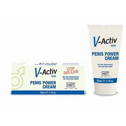 Hot V-Activ Penis Power Cream for Men 50 ml tube and packaging for enhanced male performance and vitality boost.