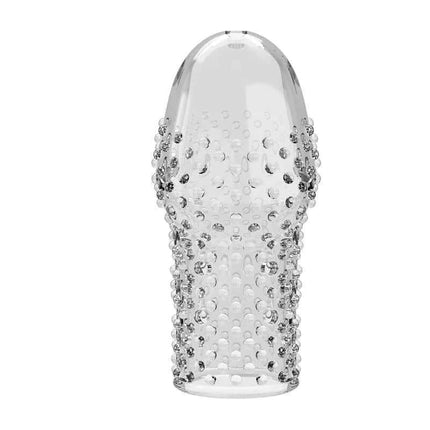 Hoytt Penis Sleeve in clear TPR, textured for enhanced sensation, flexible and stretchy for secure fit, waterproof for easy cleaning.