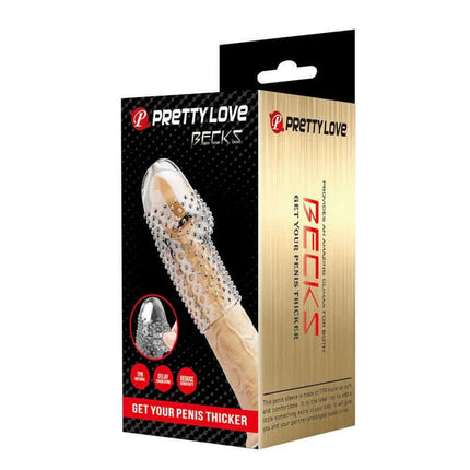 Pretty Love Becks penis sleeve packaging showcasing its features for enhanced performance and comfort.