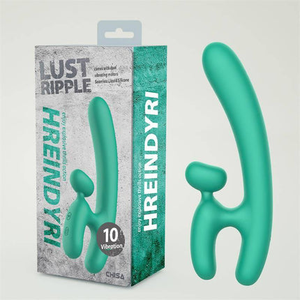 Hreindyri Vibe Silicone USB Stimulator for Ultimate Fun in teal with innovative shape and dual motors on display next to packaging