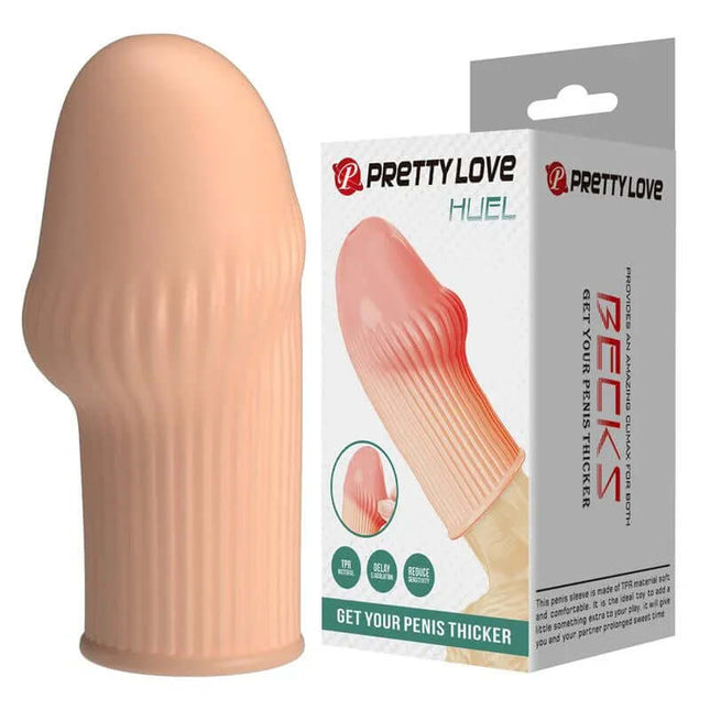 Huel Penis Sleeve with packaging, flexible and silky-smooth TPR design for enhanced performance and secure fit.