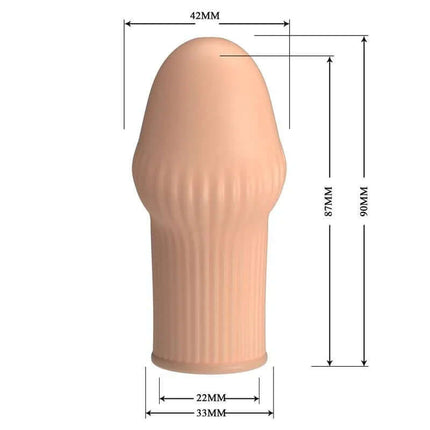 Huel Penis Sleeve with dimensions, showcasing silky-smooth TPR material and flexible design for any circumference.