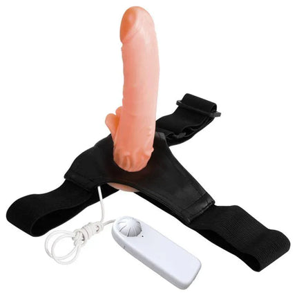 Hybee Multi-Speed Strap-On with Hollow Dildo and Remote Control featuring a 21 cm realistic design and flexible harness for couples and solo play.