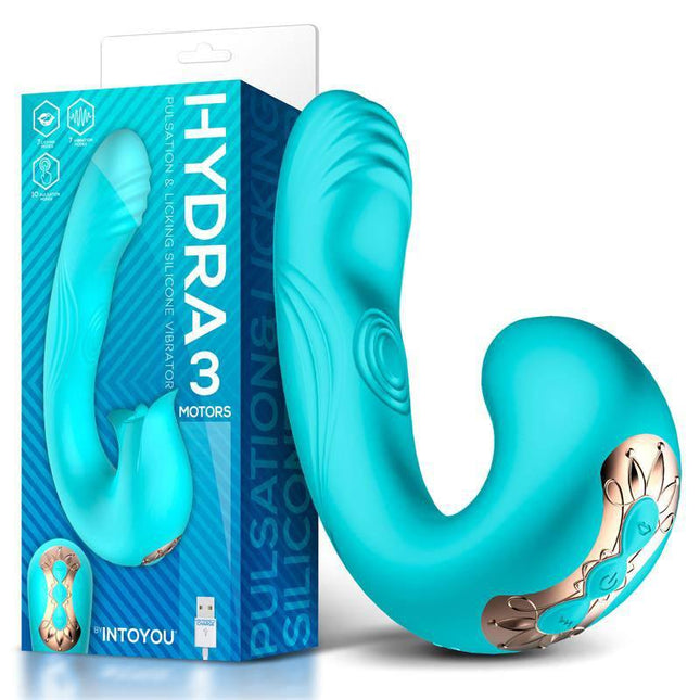 Hydra Vibe with Pulsation and Clitoris Stimulating Tongue 3 Motors USB in turquoise, shown with packaging.