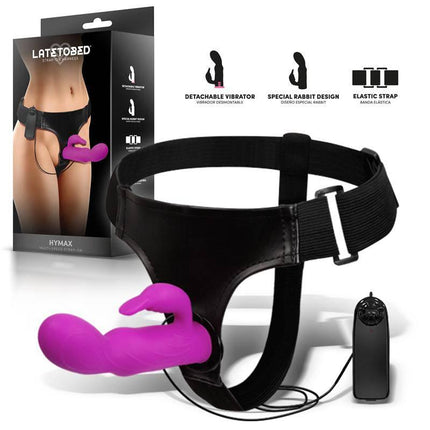 Hymax Strap-On Harness Multi-Speed Vibe with Rabbit and Remote Control in packaging, featuring purple rabbit dildo and adjustable harness.