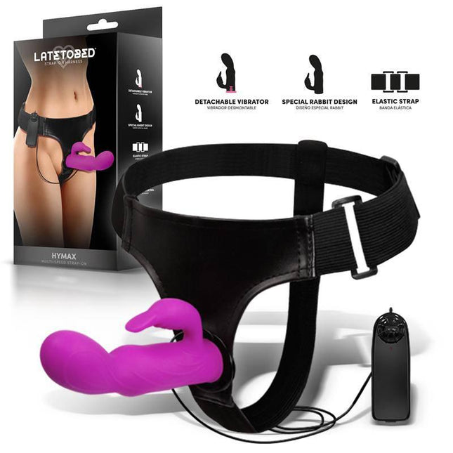 Hymax Strap-On Harness Multi-Speed Vibe with Rabbit and Remote Control in packaging, featuring purple rabbit dildo and adjustable harness.