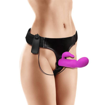 Hymax Strap-On Harness Multi-Speed Vibe with Rabbit and Remote Control, featuring a vibrant pink silicone dildo and black adjustable harness.