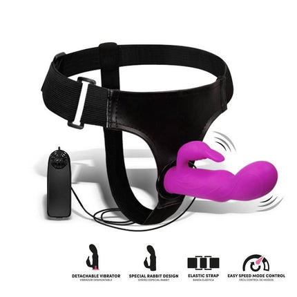 Hymax Strap-On Harness Multi-Speed Vibe with Rabbit and Remote Control featuring a black harness and pink vibrating dildo with rabbit ears.