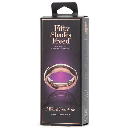 Packaging for I Want You Now Steel Love Ring, Fifty Shades Freed collection