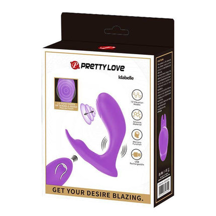 Idabelle Stimulator with Vibration and Pulsation Remote Control in packaging. Dual motors for targeted pleasure from G-spot to clitoris.