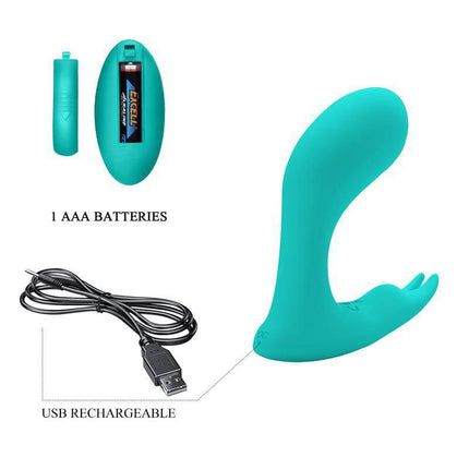 Idabelle Stimulator with Vibration and Pulsation Remote Control, dual motors, USB rechargeable, turquoise design, AAA batteries