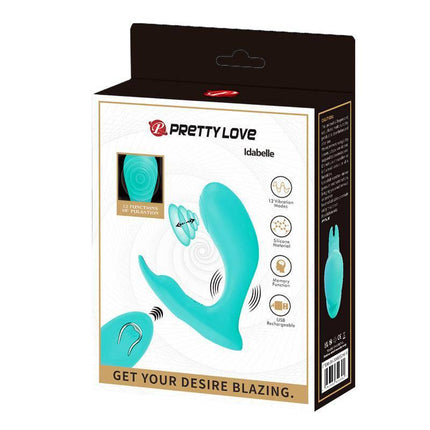 Box packaging of Idabelle Stimulator with Vibration and Pulsation Remote Control featuring product image and features list.