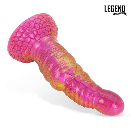 Ignitor Liquid Silicone Dildo 18,3 cm in vibrant pink and gold with a textured base, made from ultra-smooth silicone by Lengen Dildos.