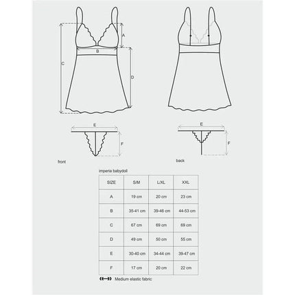 Imperia Babydoll and Thong Black size chart and design diagram