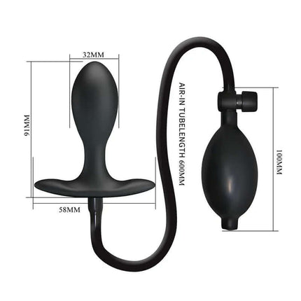 Inflatable Anal Plug with Internal Ball Weight shown with dimensions in black silicone.