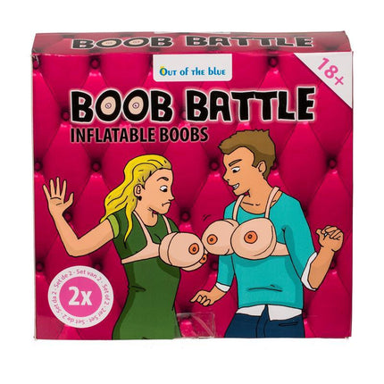 Inflatable Boobs Game 2x package showing two players wearing harnesses in a playful setting.