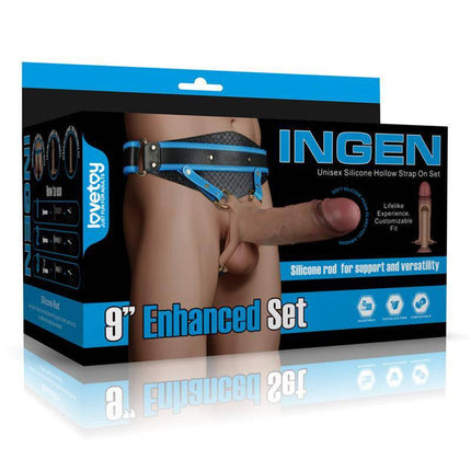 Ingen Adjustable Strap On with Hollow Dildo 9 Enhanced Set XS/S/M packaging with silicone dildo and harness