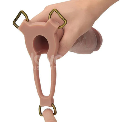 Ingen Adjustable Strap On with Hollow Dildo 9 Enhanced Set L/XL/2XL in hand showing adjustable harness.