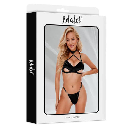 Ingrid Bra and Panties Set by Adalet featuring black thong and detachable choker, displayed in retail packaging.