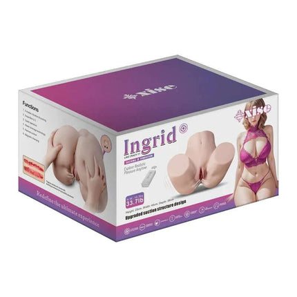 Ingrid Torso with Vibration and Sucking Efect 15.3 kg in packaging, showcasing realistic design with suction and vibration for enhanced pleasure.