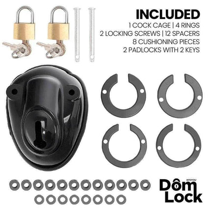 Inmate Chastity Cage with Spacers for Men by Domlock, featuring locks, rings, and accessories for ultimate submission control.