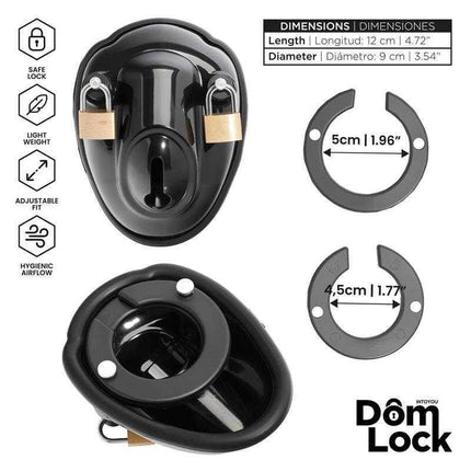 Inmate Chastity Cage with Spacers for Men - Domlock brand with safe lock and ergonomic design, includes 5cm and 4.5cm spacers.