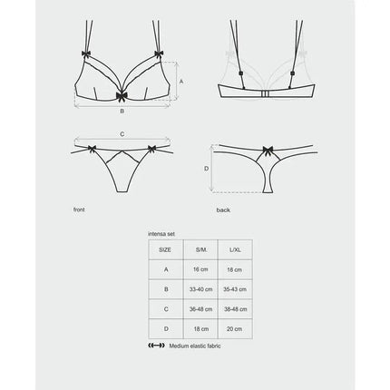 Intensa 2 Pieces Set Black size guide for lace-detailed bra and double-strap thong by Obsessive