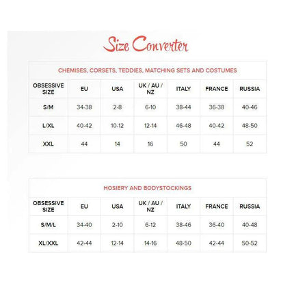 Size converter chart for Obsessive lingerie showing EU, USA, UK/AU/NZ, Italy, France, and Russia sizes for chemises and bodystockings.