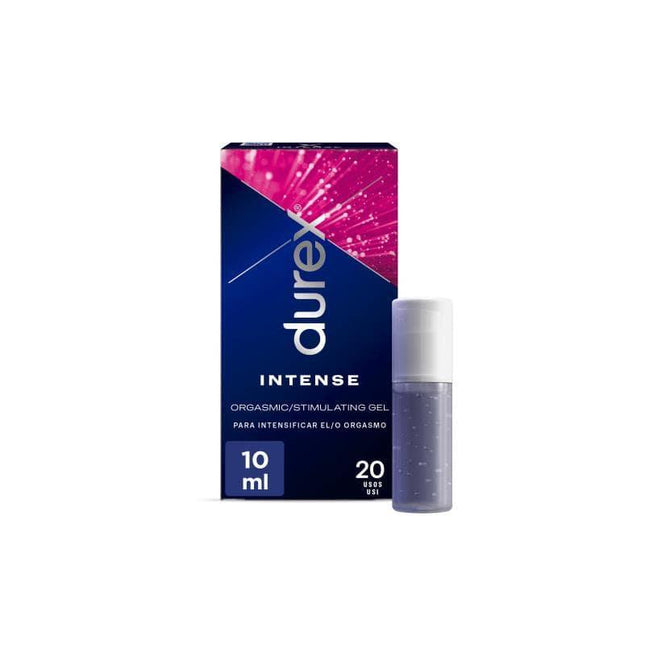 Durex Intense Orgasmic Gel 10 ml packaging with stimulating gel bottle for increased sensitivity and intense orgasms.