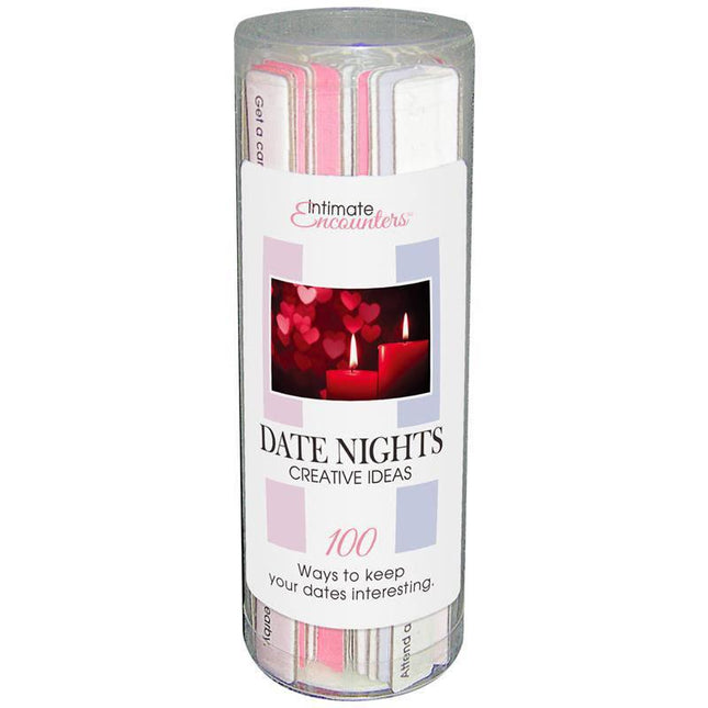 Intimate Encounters Date Nights English with 100 creative date ideas in a decorative tube for enhancing your dating experience.