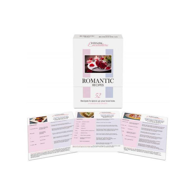 Intimate Encounters Romantic Recipes (EN ES) box and cards with aphrodisiac meals like strawberries and chocolate.