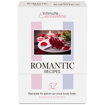 Intimate Encounters Romantic Recipes (EN ES) box with 52 romantic meal recipe cards showcasing candle-lit table setting.