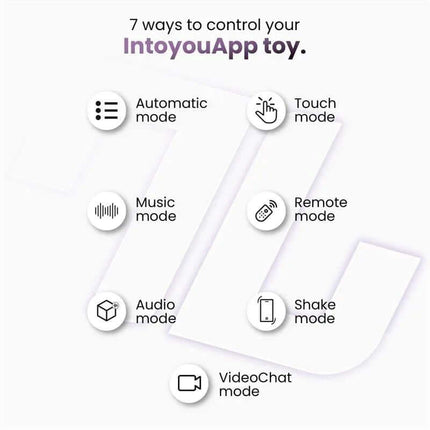 Infographic showing 7 control modes for IntoyouApp toy, including automatic, touch, music, remote, audio, shake, and video chat modes.