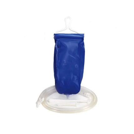 Irrigator per Level Blue 1 liter with collapsible blue bag and flexible hose for discreet intimate hygiene, travel-ready design.