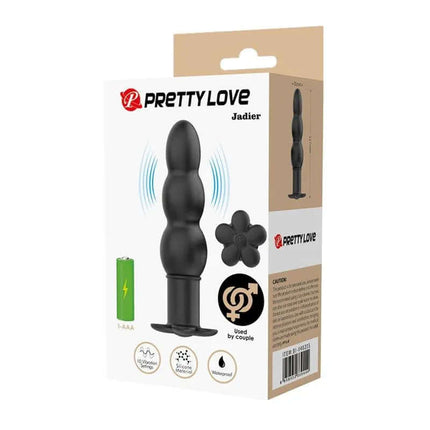 Packaging of Jadier Vibrating Anal Plug with ergonomic handle and 10 vibration levels, shown in black silicone.