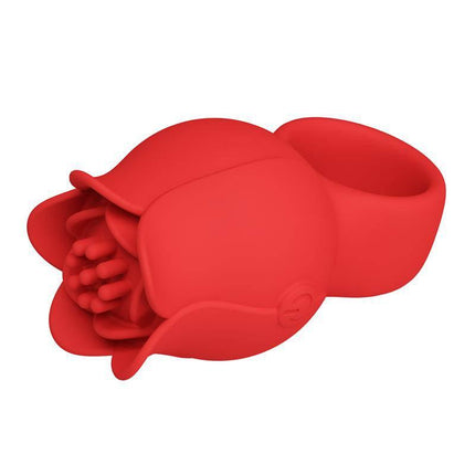 Jae Rose Finger Vibrator in red silicone with a rose-inspired design, featuring 10 customizable vibration modes for foreplay and massage.
