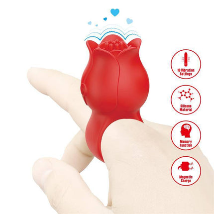 Jae Rose Finger Vibrator in use, showcasing its sleek red design and multiple vibration settings, crafted from body-safe silicone.