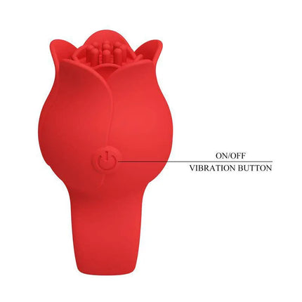 Jae Rose Finger Vibrator with red rose-inspired silicone design and vibration button for customized stimulation.