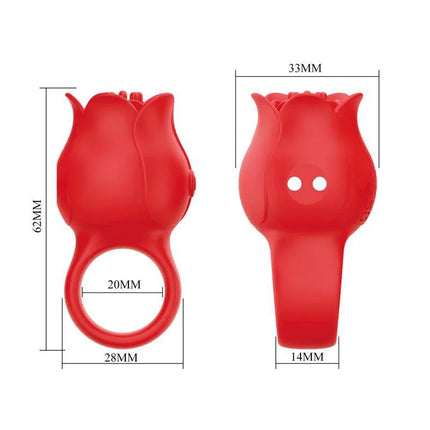 Jae Rose Finger Vibrator with red rose design and silicone body, featuring precise measurements for ergonomic pleasure.