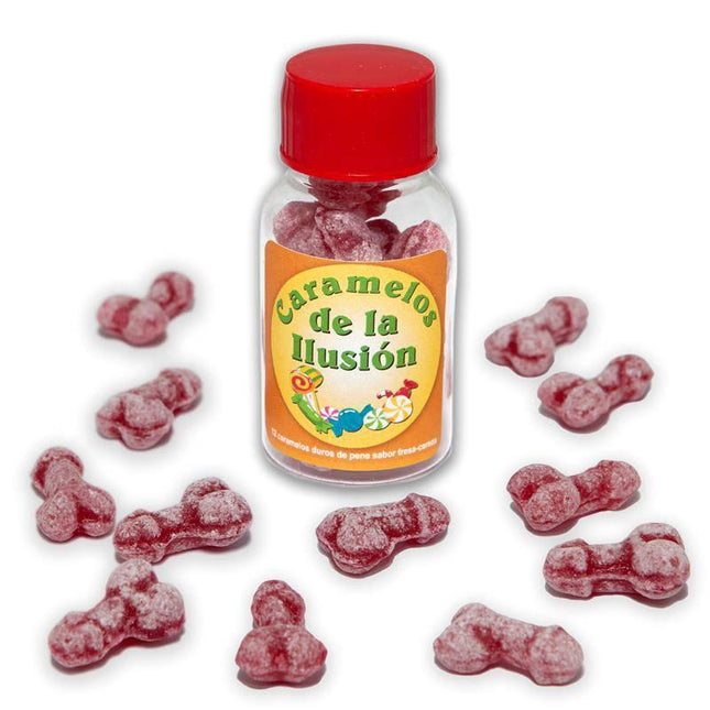 Jar of 12 Candies Penis Shape Fruit Flavor - Strawberry-red novelty candies for parties and gag gifts.