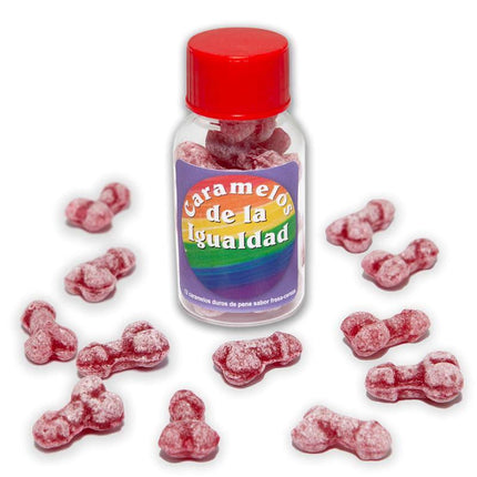 Jar of 12 Candies Penis Shape Fruit Flavor, novelty strawberry-cherry candies with red lid, playful adult gift idea