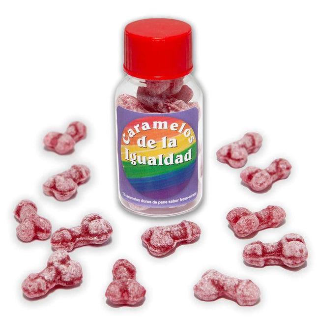 Jar of 12 Candies Penis Shape Fruit Flavor, novelty strawberry-cherry candies with red lid, playful adult gift idea