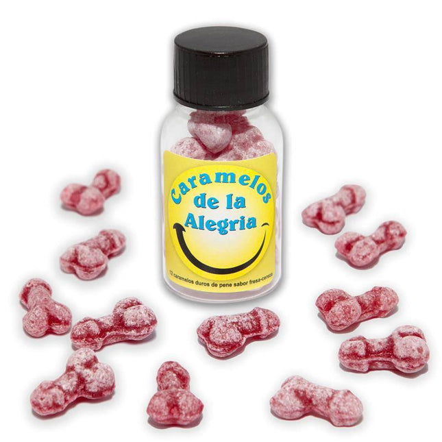 Jar of 12 Candies Penis Shape Fruit Flavor with strawberry-cherry candies scattered around jar