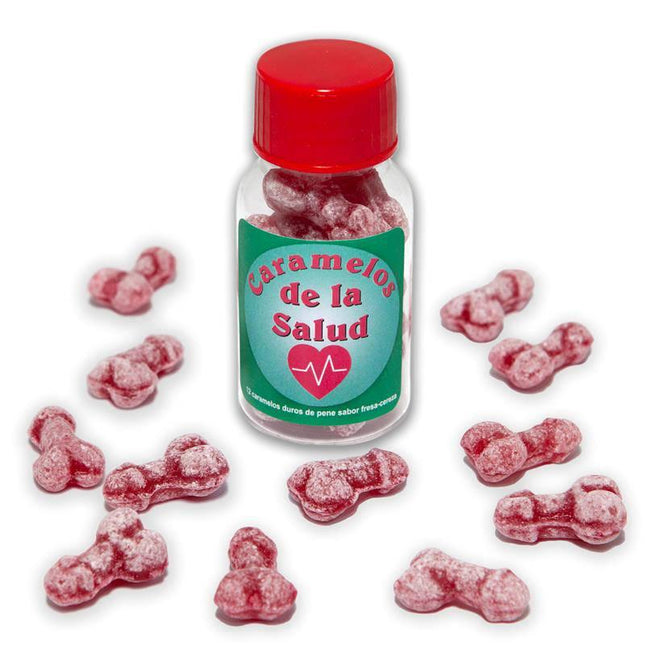 Jar of 12 Candies Penis Shape Fruit Flavor in a red jar with strawberry-cherry candies, novelty adult candy with cheeky design.