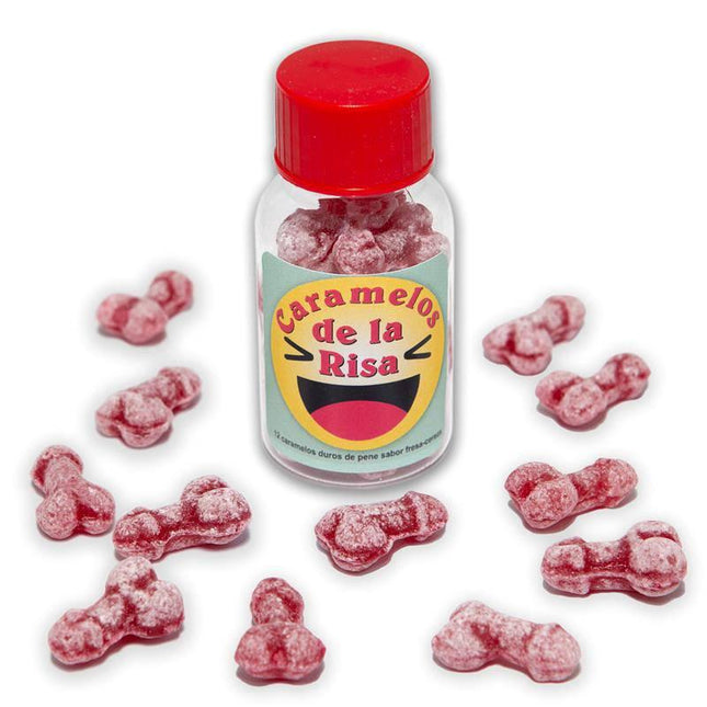 Jar of 12 Candies Penis Shape Fruit Flavor with red novelty candies scattered around