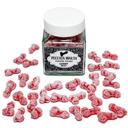 Jar of 40 Strawberry/Cherry Flavored Penis-Shaped Candies with scattered red candies around the jar.