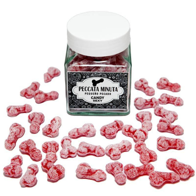 Jar of 40 Strawberry/Cherry Flavored Penis-Shaped Candies with scattered red candies around the jar.