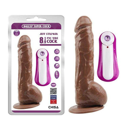 Jeff Stryker Vibrating Dildo 8.9 Brown with remote control, offering multi-vibration and rotation for enhanced pleasure experience.