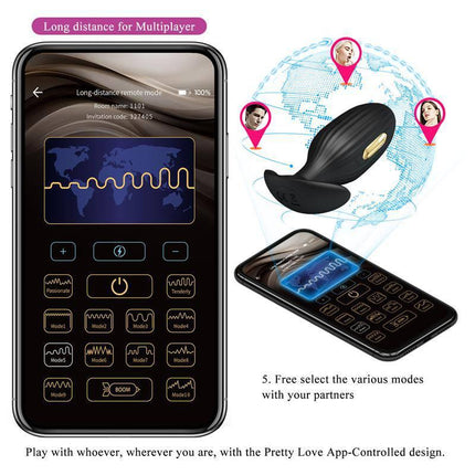 Jefferson Vibro Electroshock Anal Plug with App showcasing app interface and remote control features for enhanced user experience.